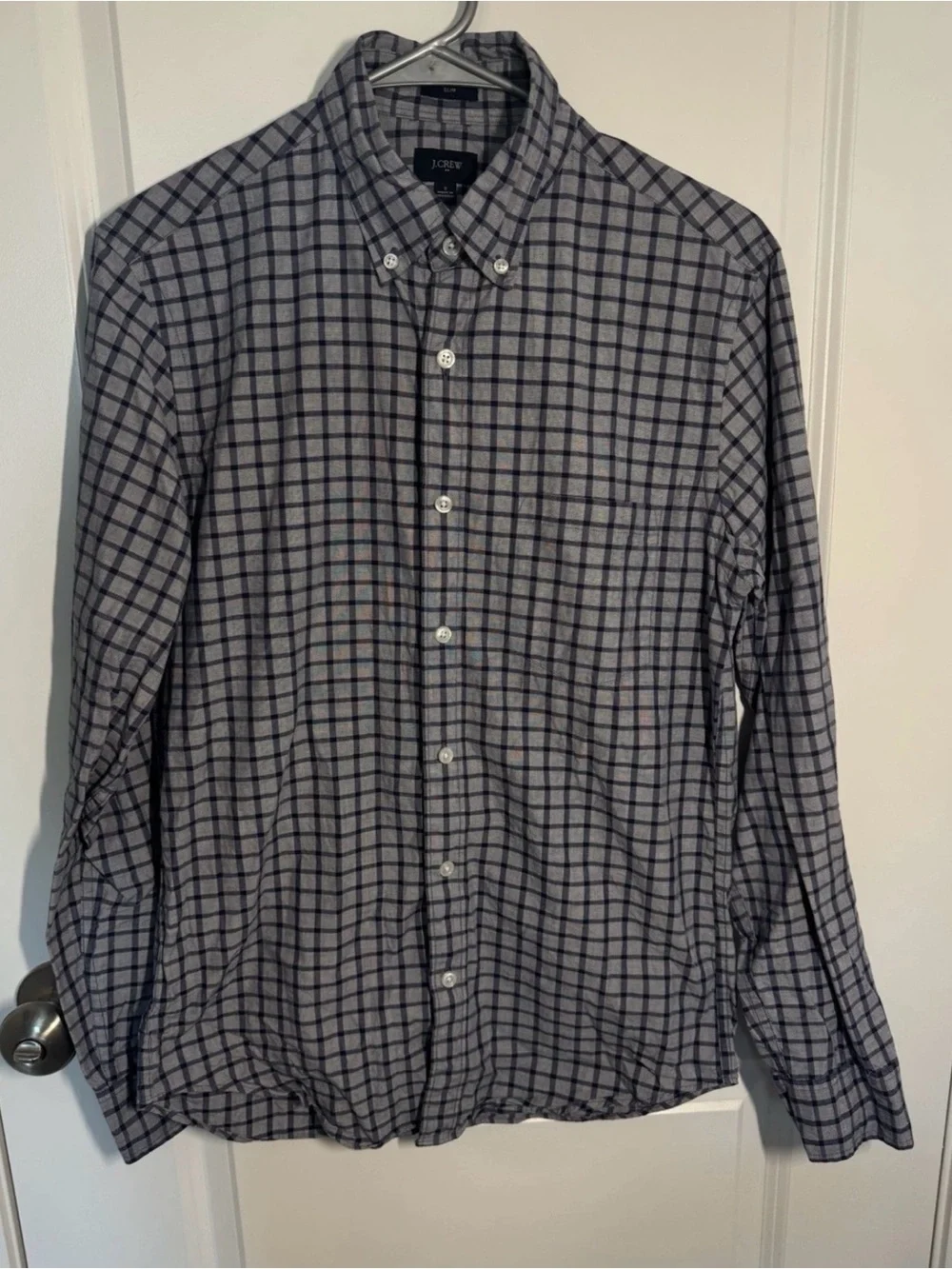 J. Crew Men's Gray and Navy Plaid Button-Down Shirt